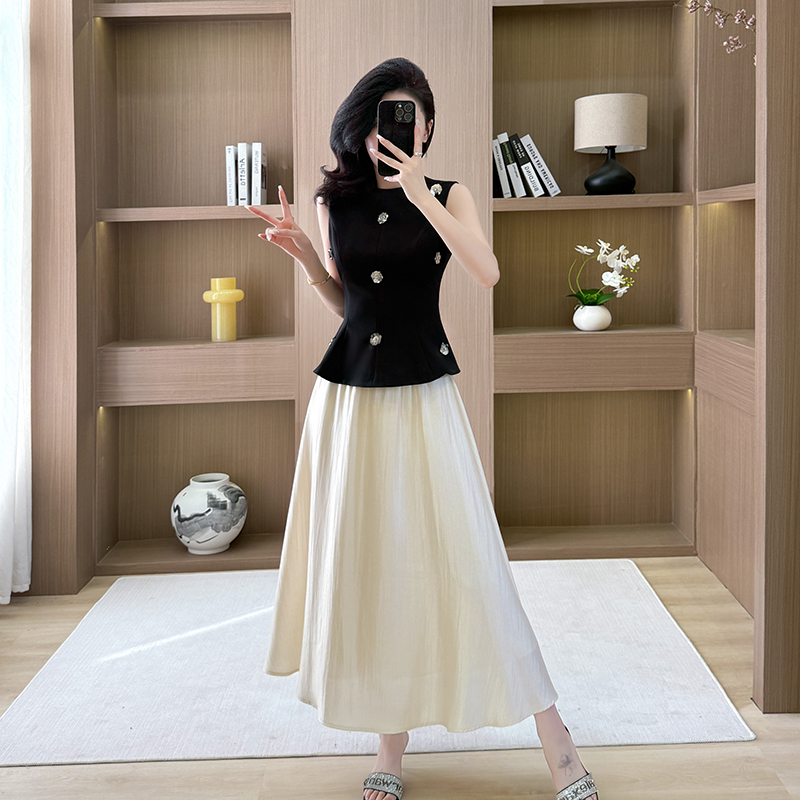 Sleeveless vest pinched waist skirt 2pcs set for women