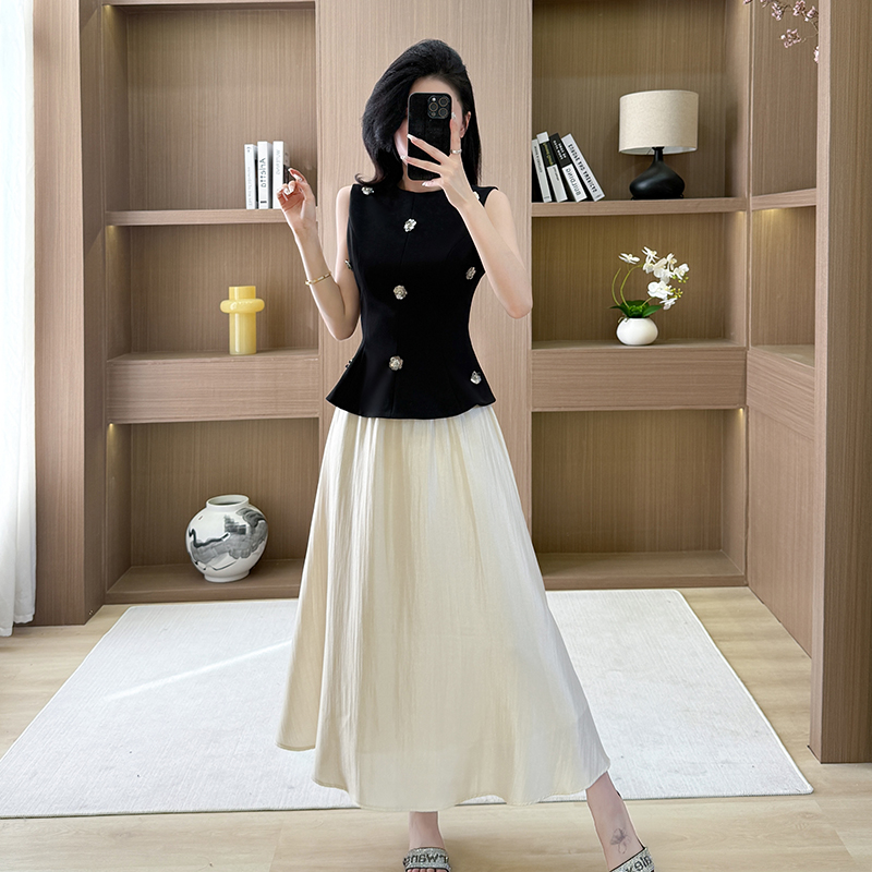 Sleeveless vest pinched waist skirt 2pcs set for women