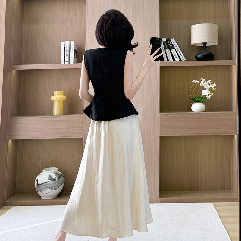Sleeveless vest pinched waist skirt 2pcs set for women