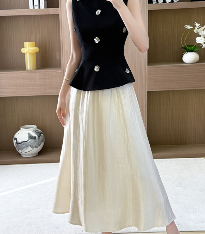 Sleeveless vest pinched waist skirt 2pcs set for women