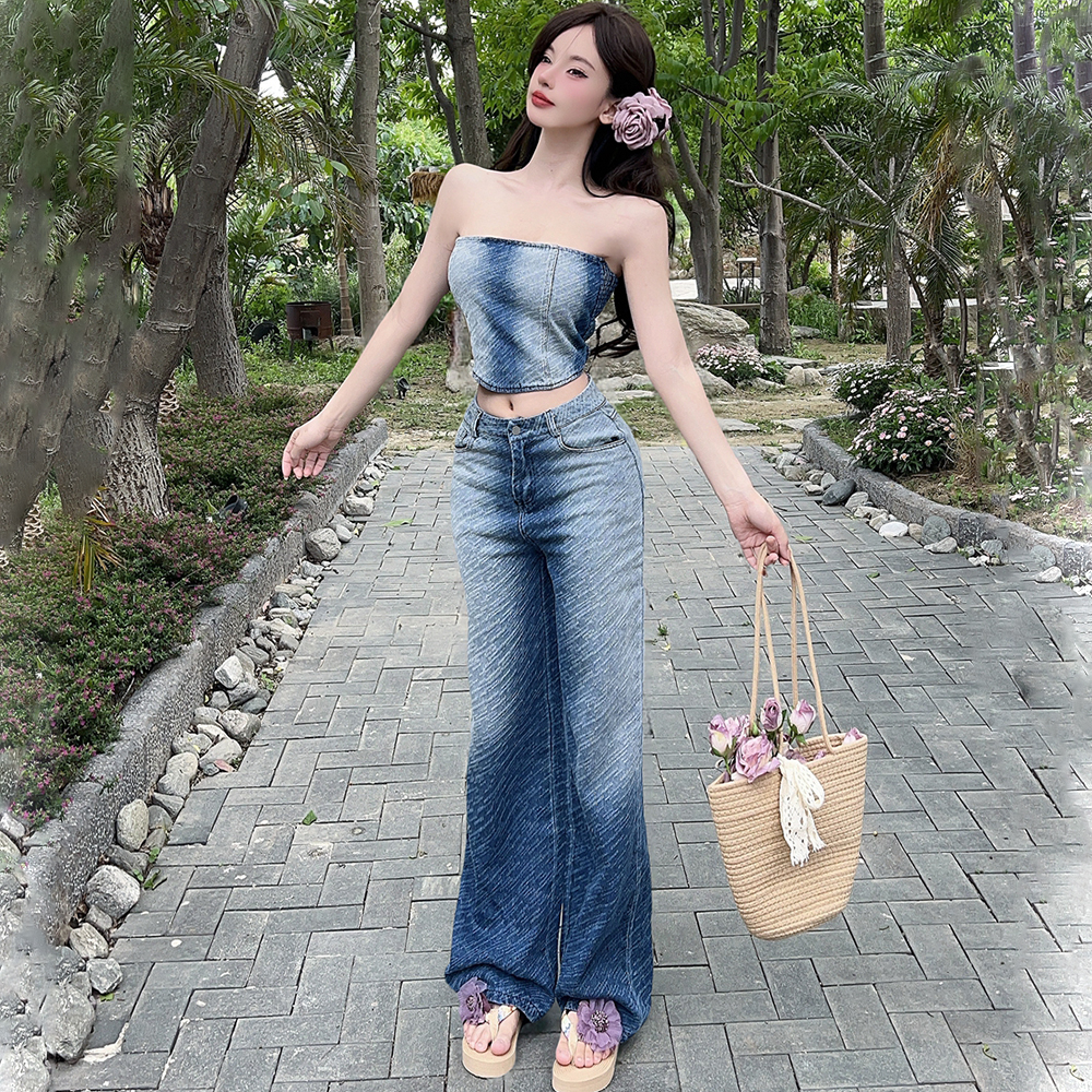 Niche wide leg pants denim long pants a set