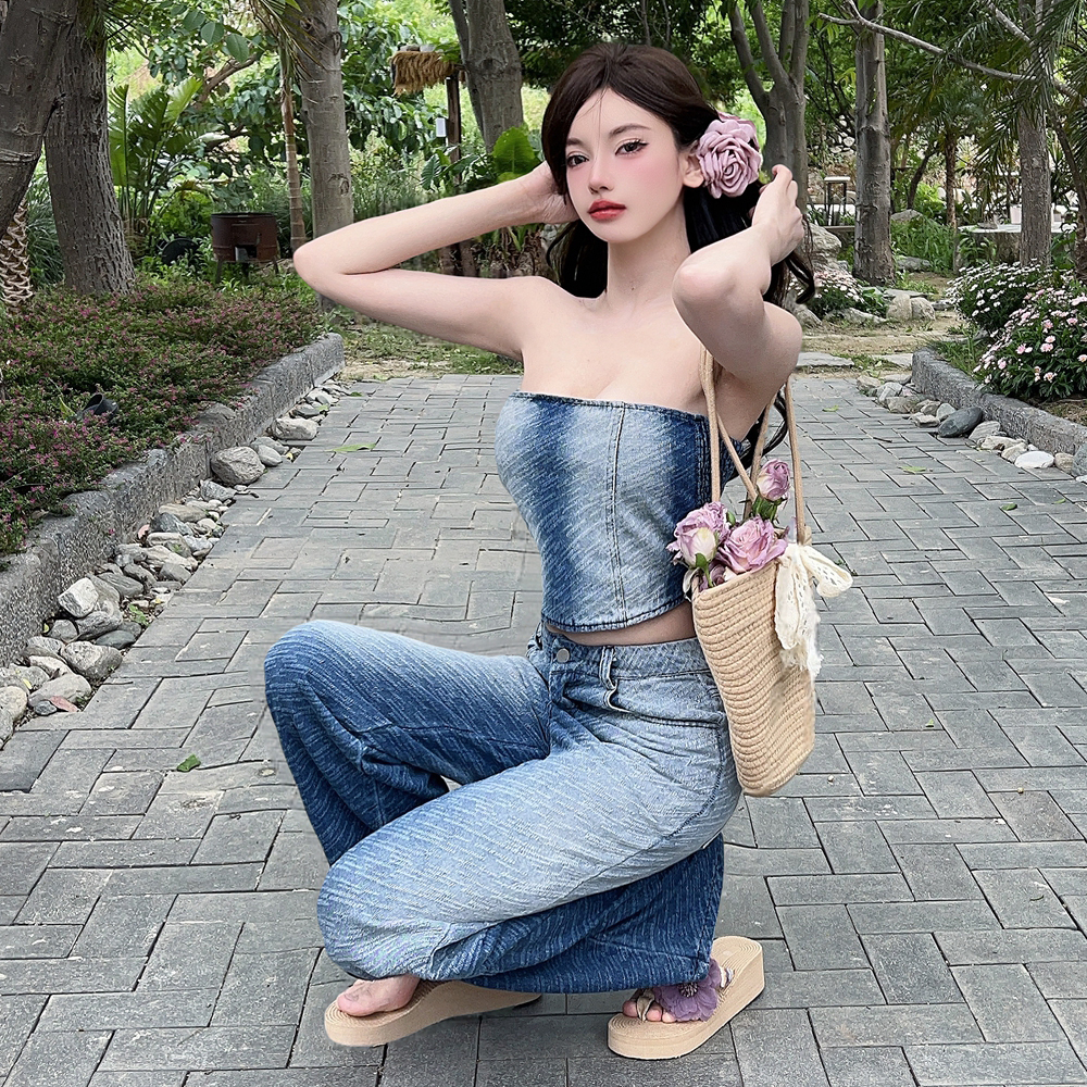 Niche wide leg pants denim long pants a set