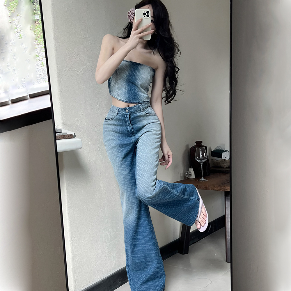 Niche wide leg pants denim long pants a set