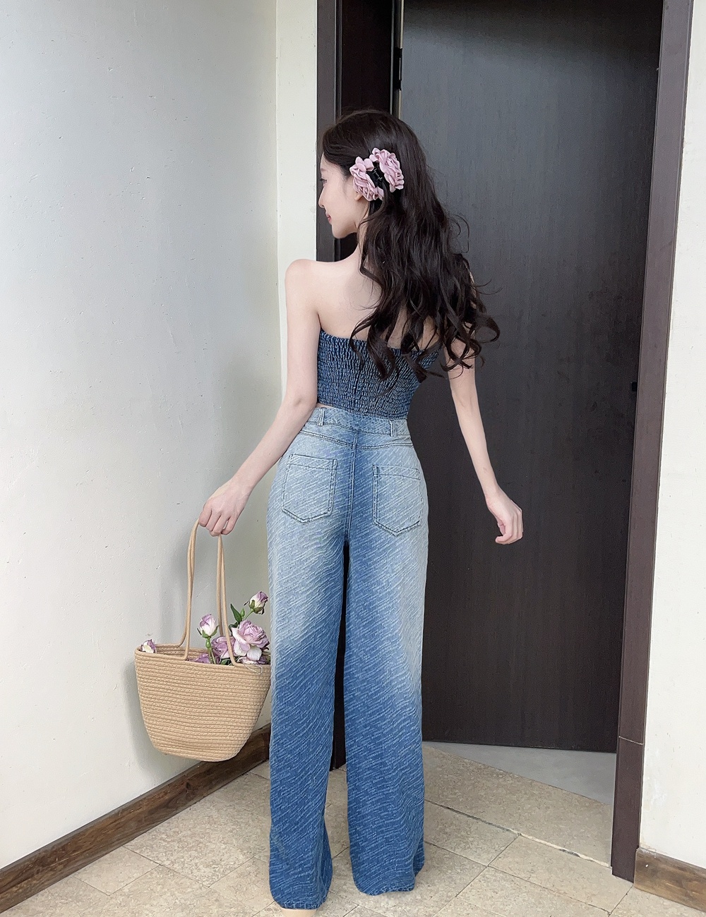 Niche wide leg pants denim long pants a set