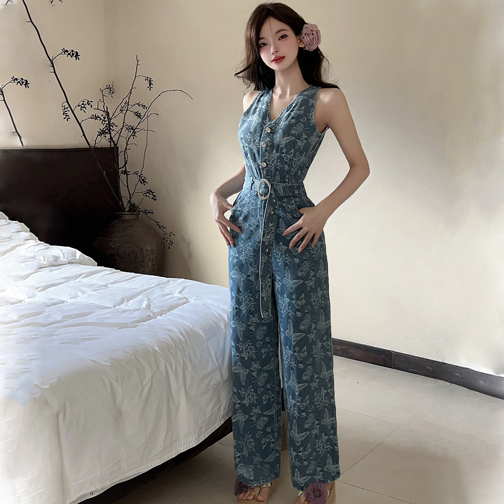 Summer printing jumpsuit slim sleeveless wide leg pants
