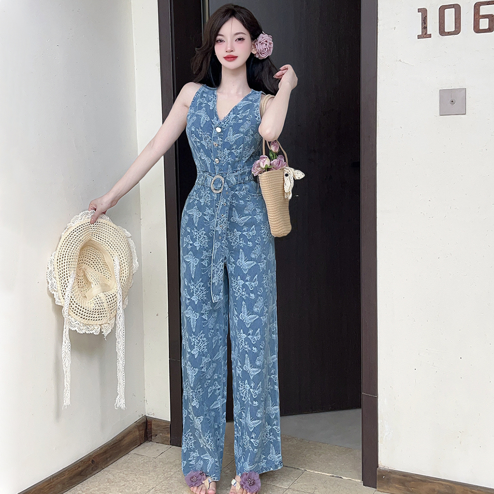 Summer printing jumpsuit slim sleeveless wide leg pants