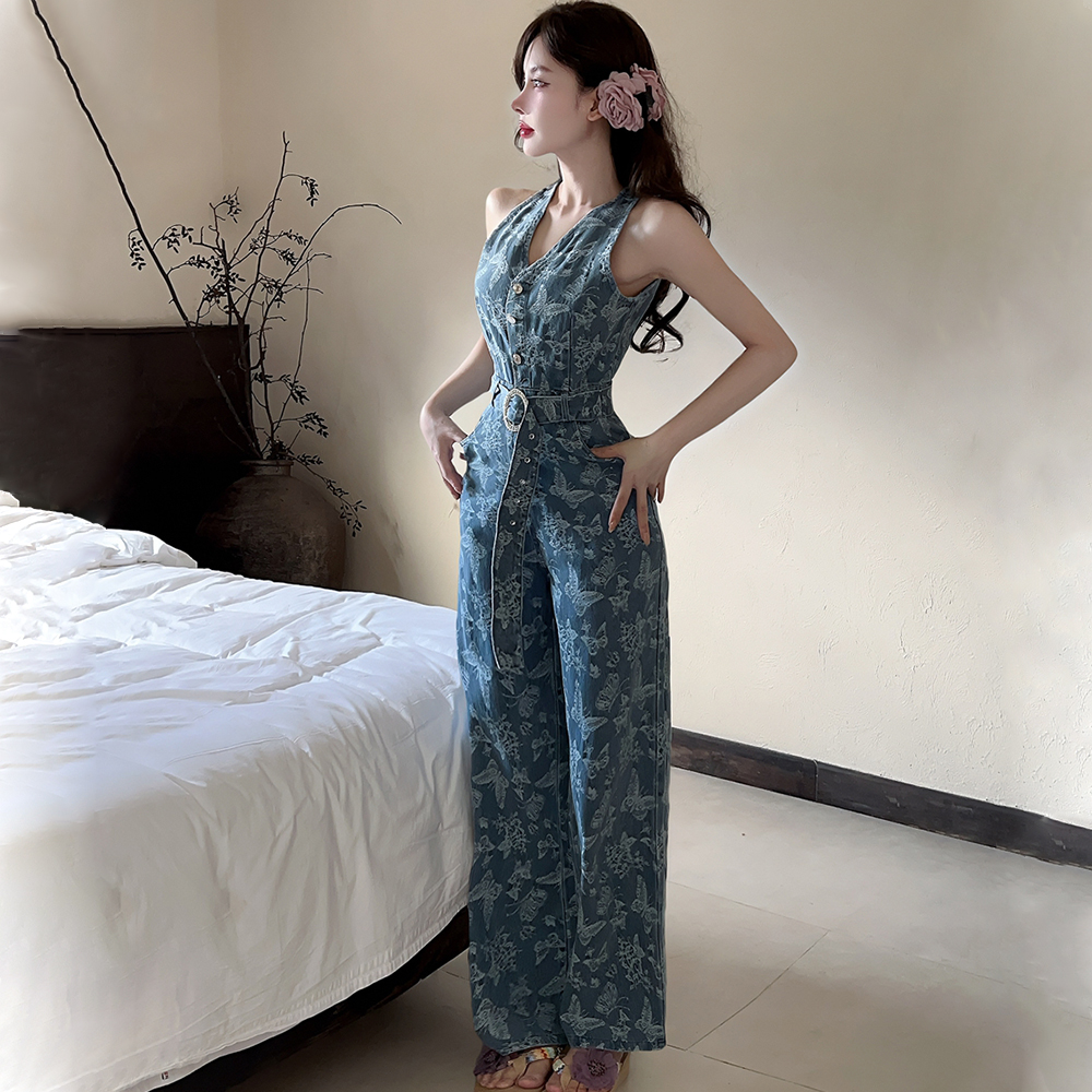Summer printing jumpsuit slim sleeveless wide leg pants