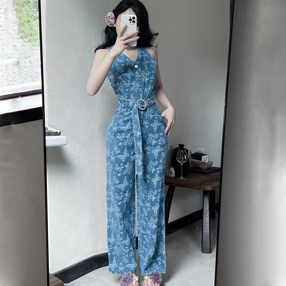 Summer printing jumpsuit slim sleeveless wide leg pants
