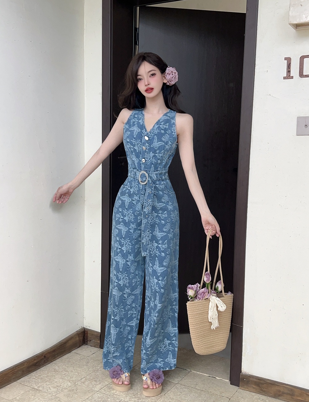 Summer printing jumpsuit slim sleeveless wide leg pants