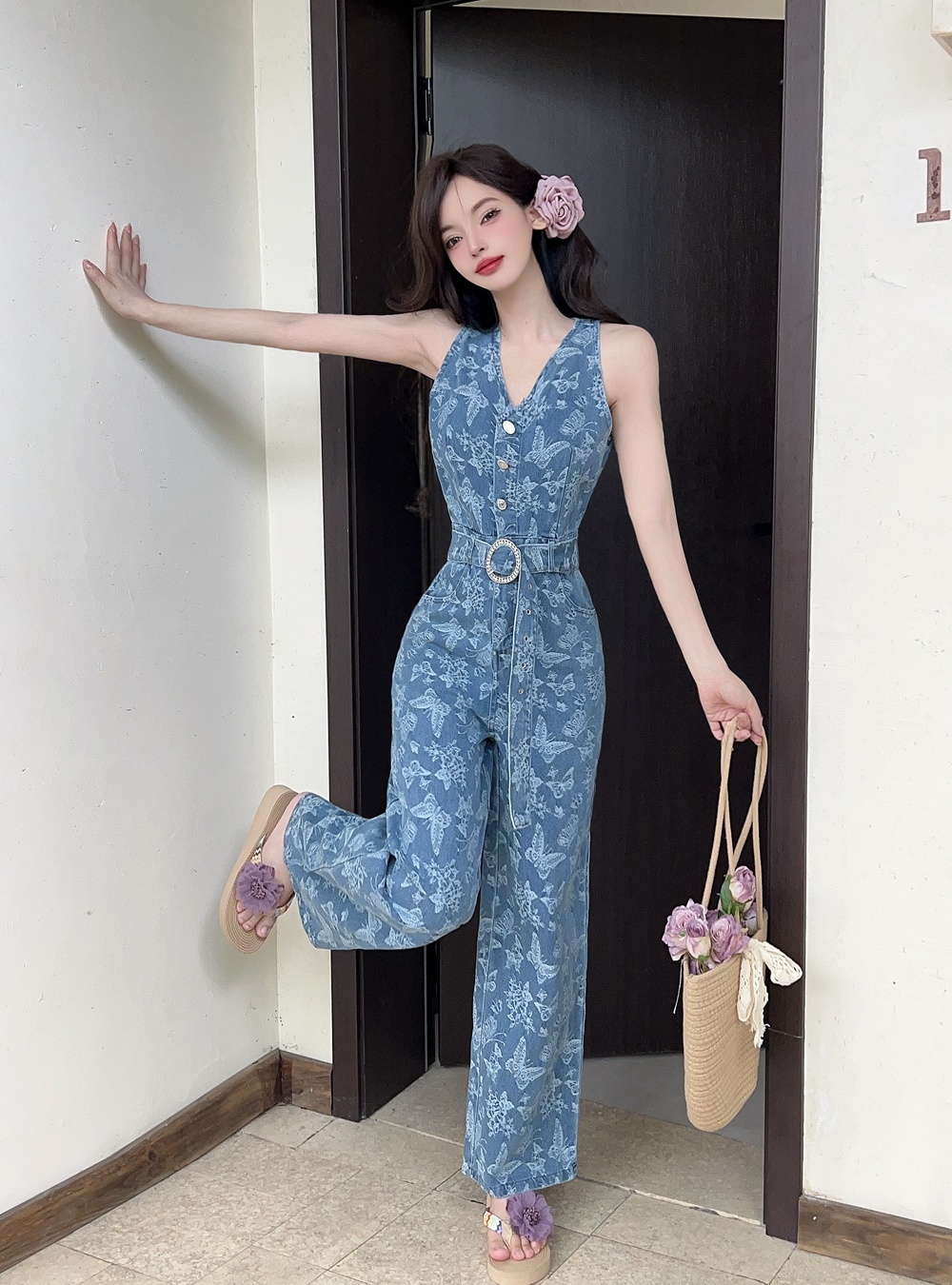 Summer printing jumpsuit slim sleeveless wide leg pants