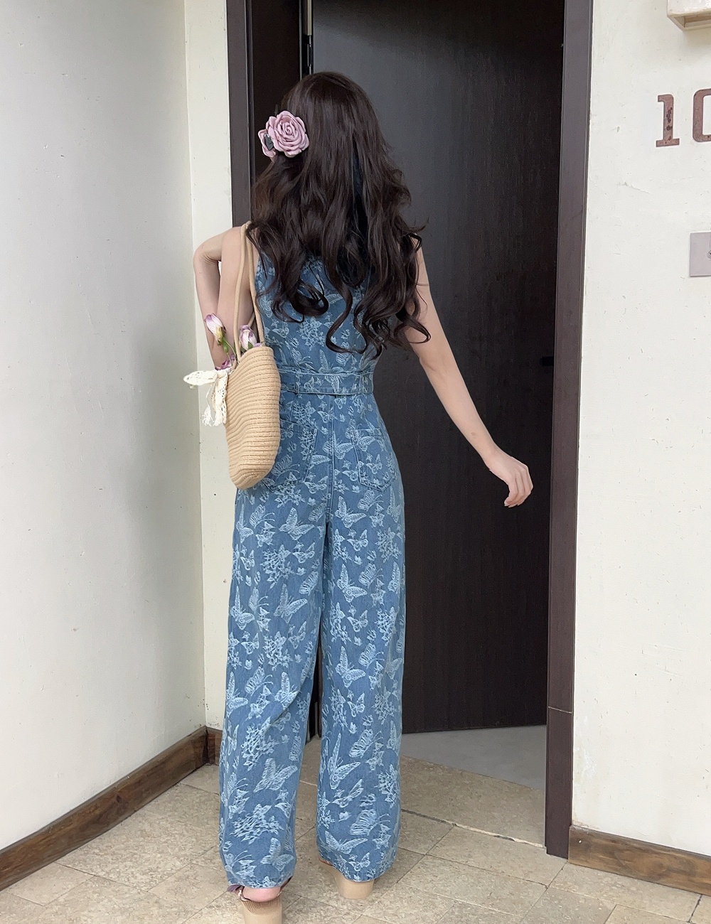 Summer printing jumpsuit slim sleeveless wide leg pants