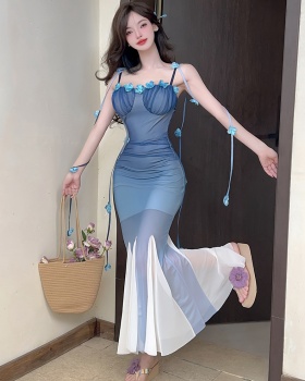 Pinched waist long dress gauze dress for women