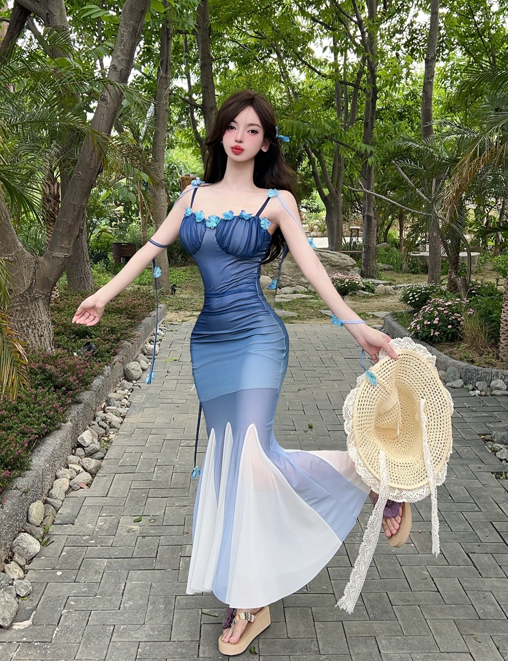 Pinched waist long dress gauze dress for women