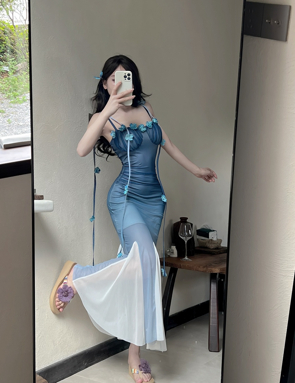 Pinched waist long dress gauze dress for women