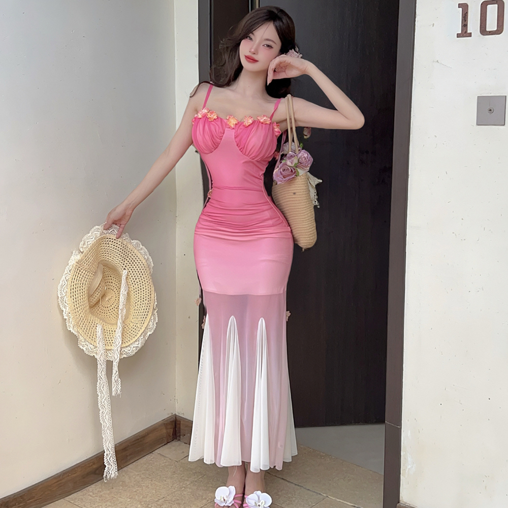 Pinched waist long dress gauze dress for women