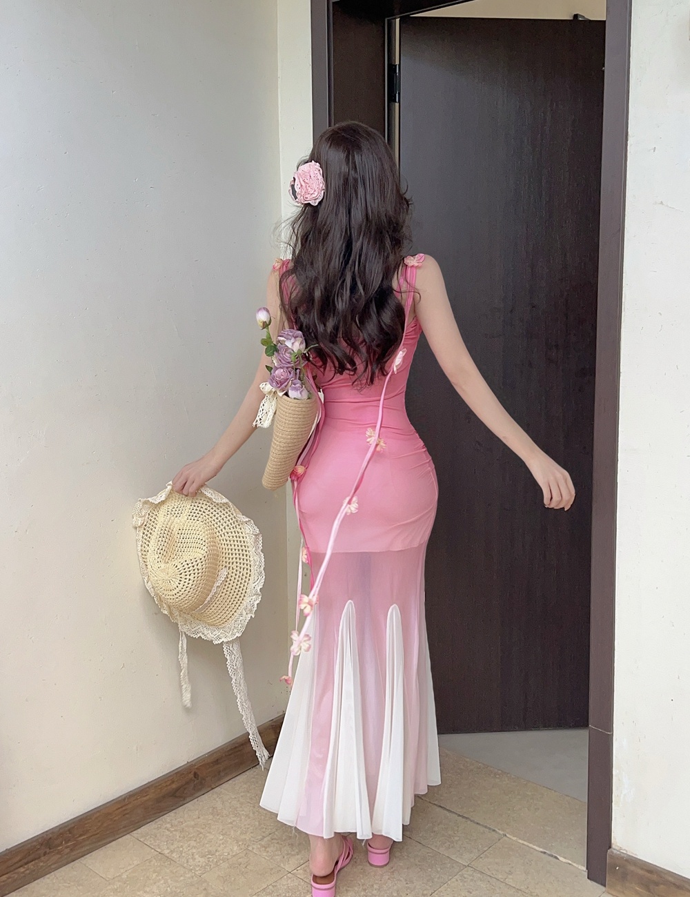 Pinched waist long dress gauze dress for women