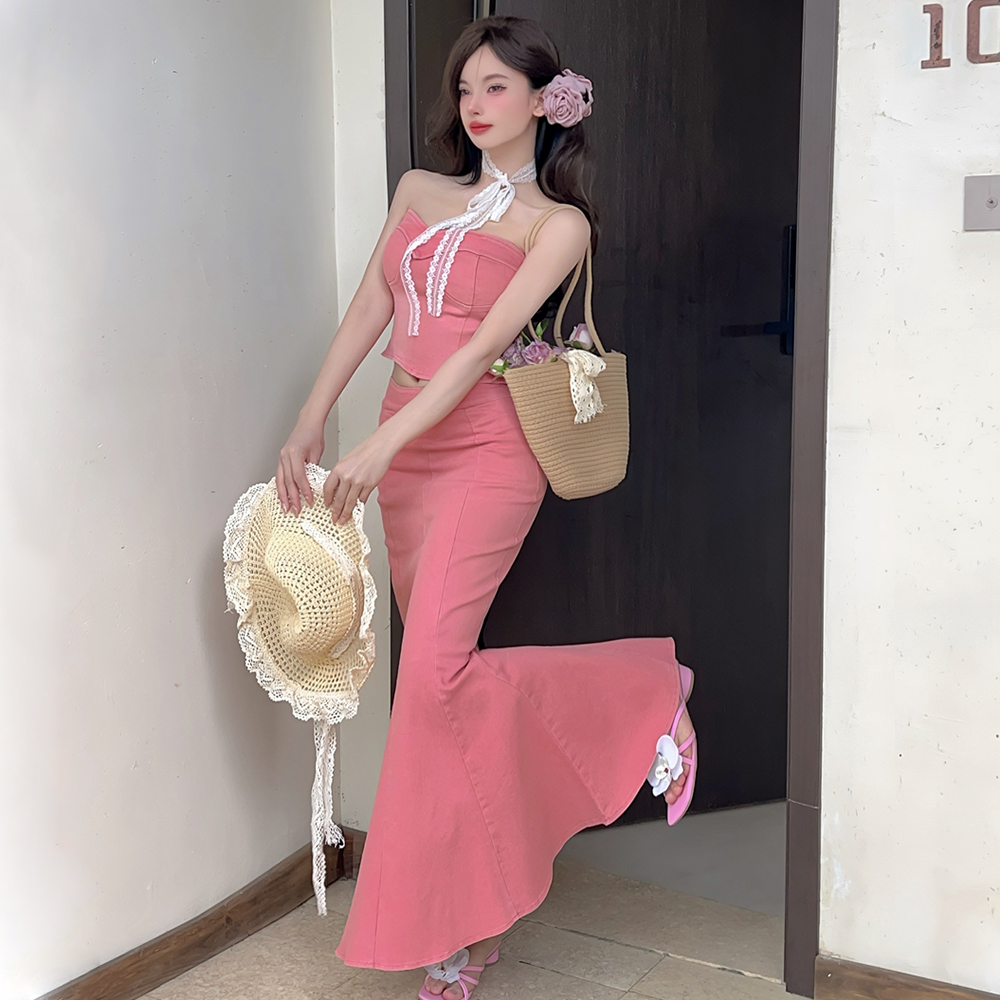 Sexy mermaid tops wrapped chest long dress 2pcs set for women