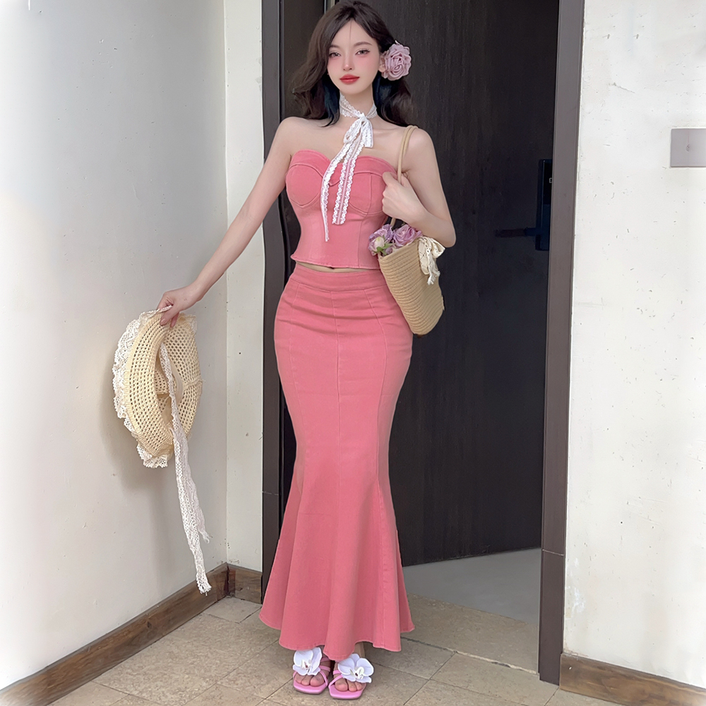 Sexy mermaid tops wrapped chest long dress 2pcs set for women