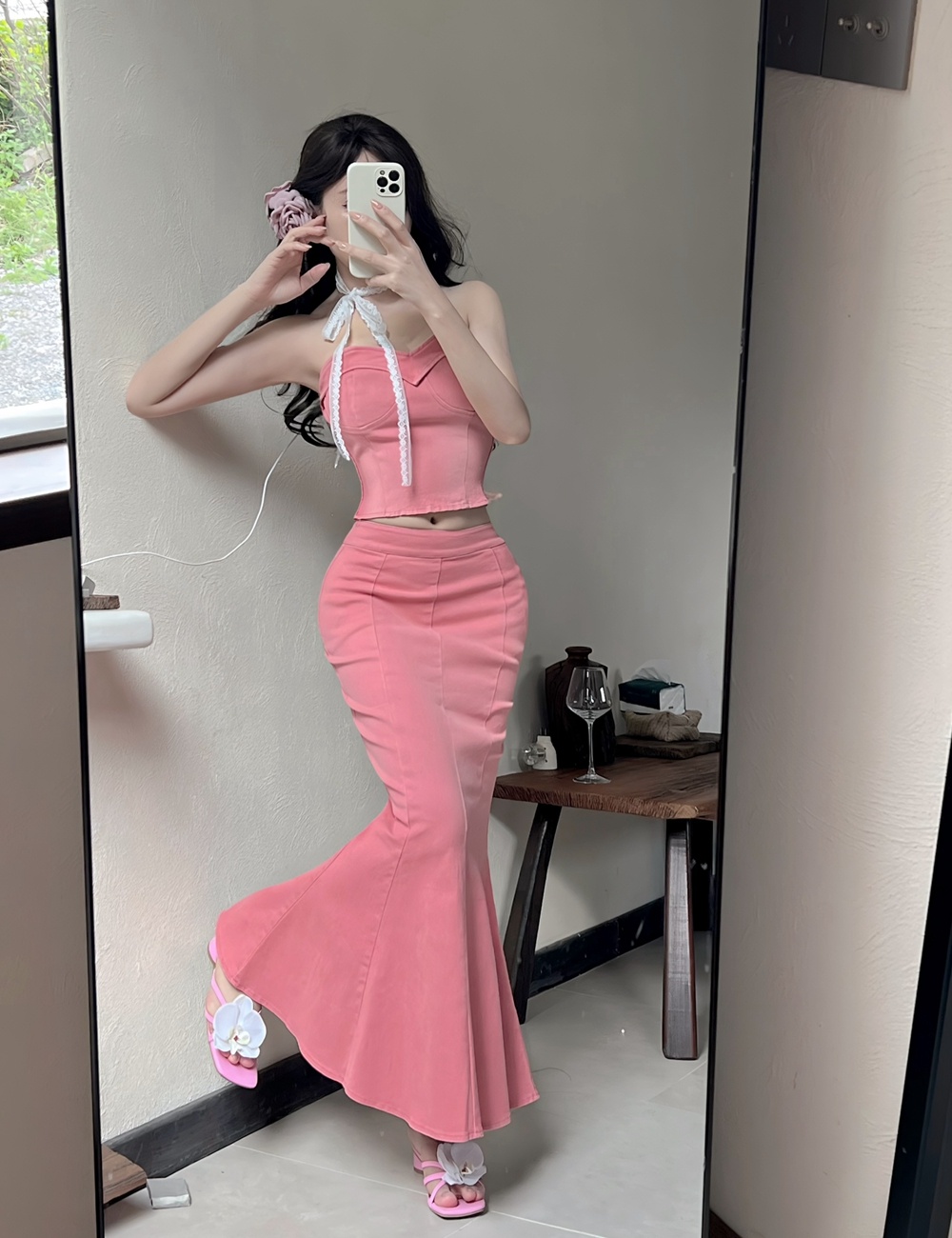 Sexy mermaid tops wrapped chest long dress 2pcs set for women