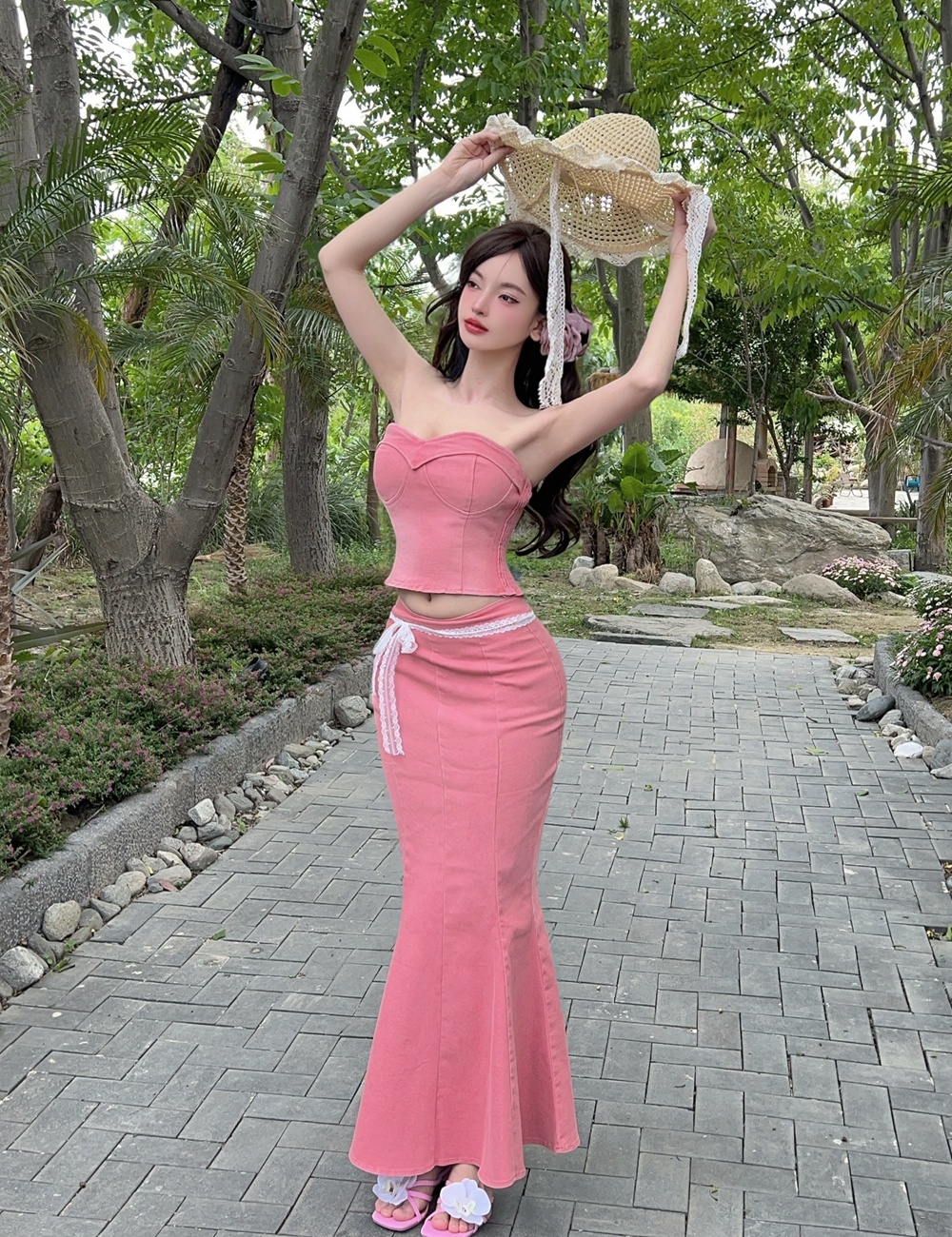Sexy mermaid tops wrapped chest long dress 2pcs set for women