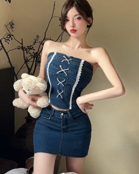 Short tops wrapped chest short skirt 2pcs set for women