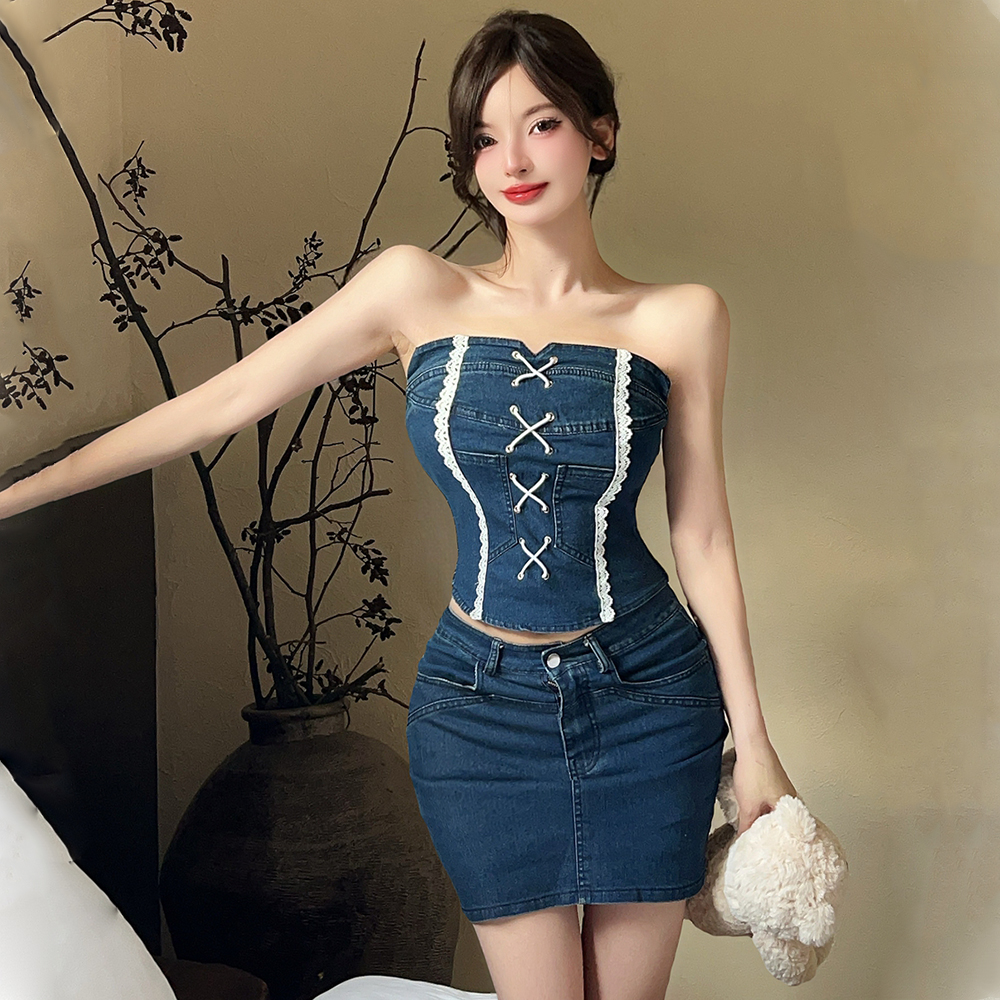 Short tops wrapped chest short skirt 2pcs set for women