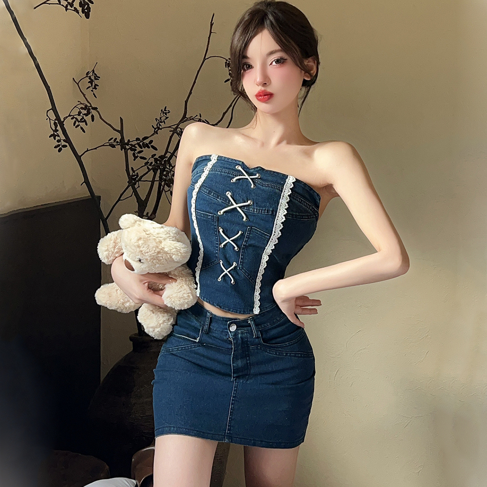 Short tops wrapped chest short skirt 2pcs set for women