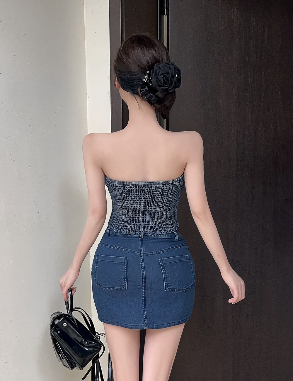 Short tops wrapped chest short skirt 2pcs set for women