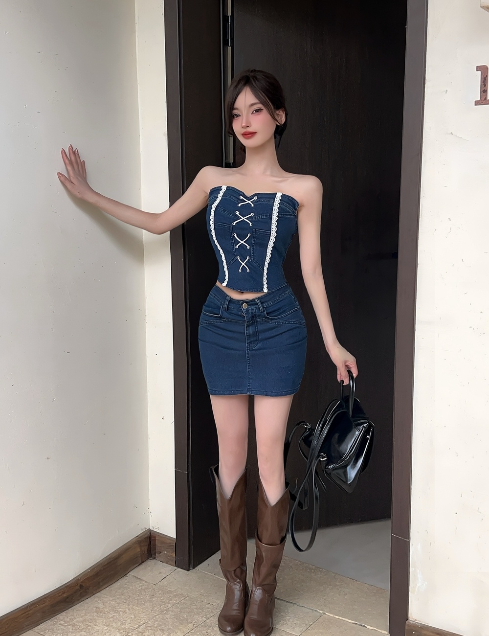 Short tops wrapped chest short skirt 2pcs set for women