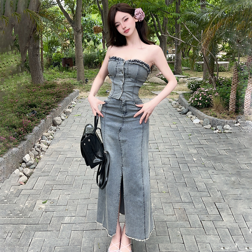 Sexy tops wrapped chest long dress 2pcs set for women