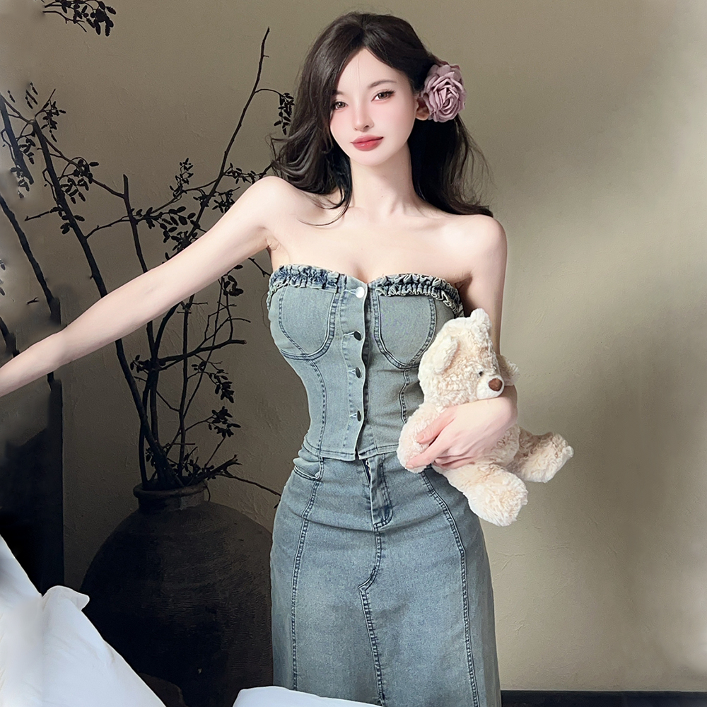 Sexy tops wrapped chest long dress 2pcs set for women