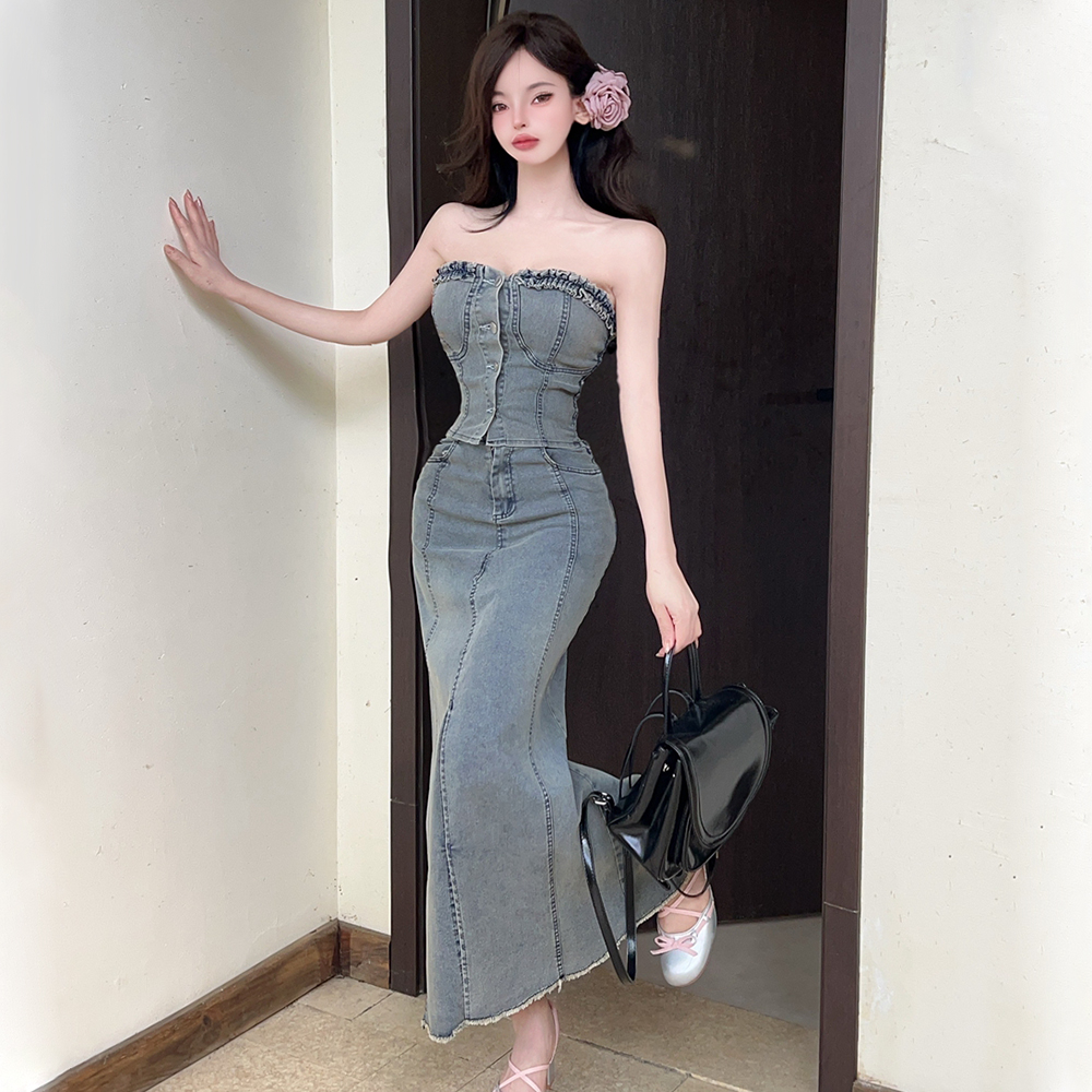 Sexy tops wrapped chest long dress 2pcs set for women