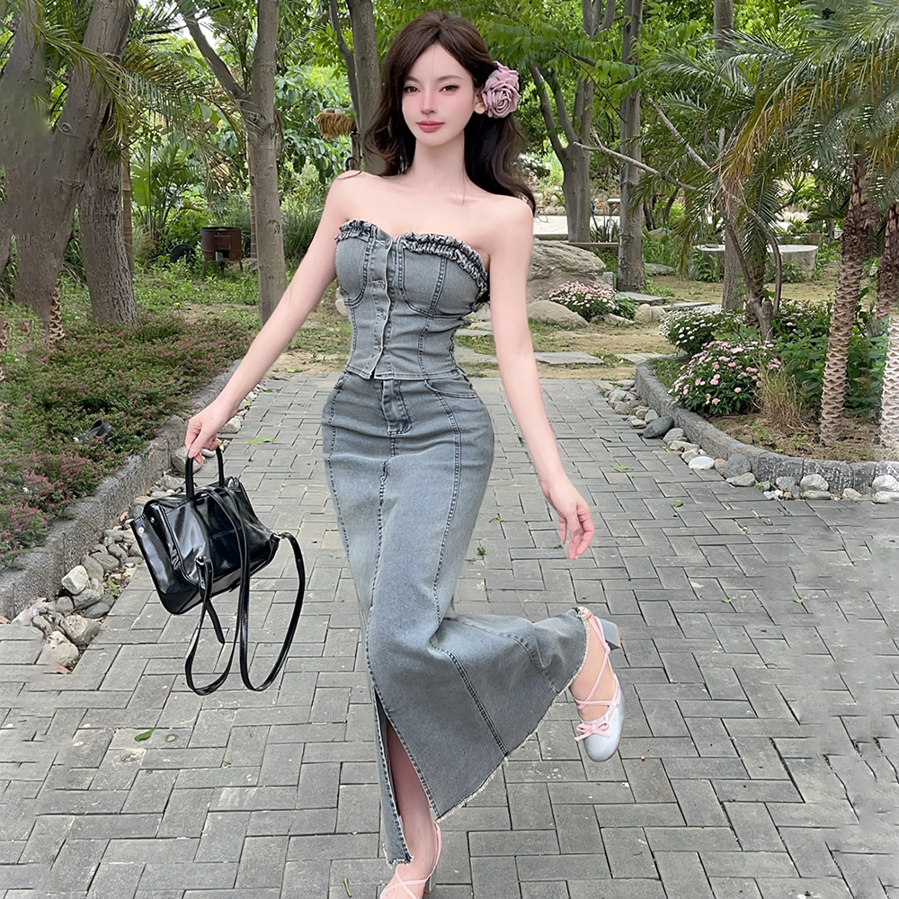 Sexy tops wrapped chest long dress 2pcs set for women