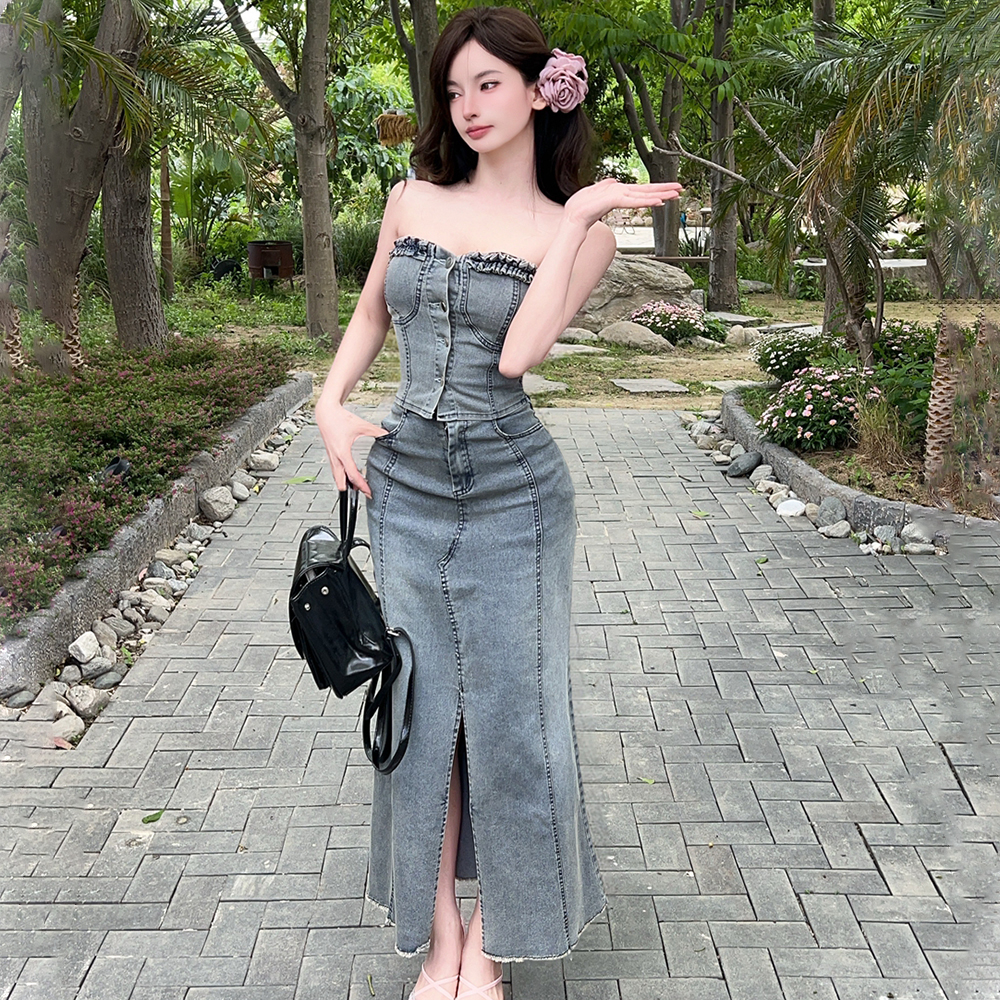 Sexy tops wrapped chest long dress 2pcs set for women