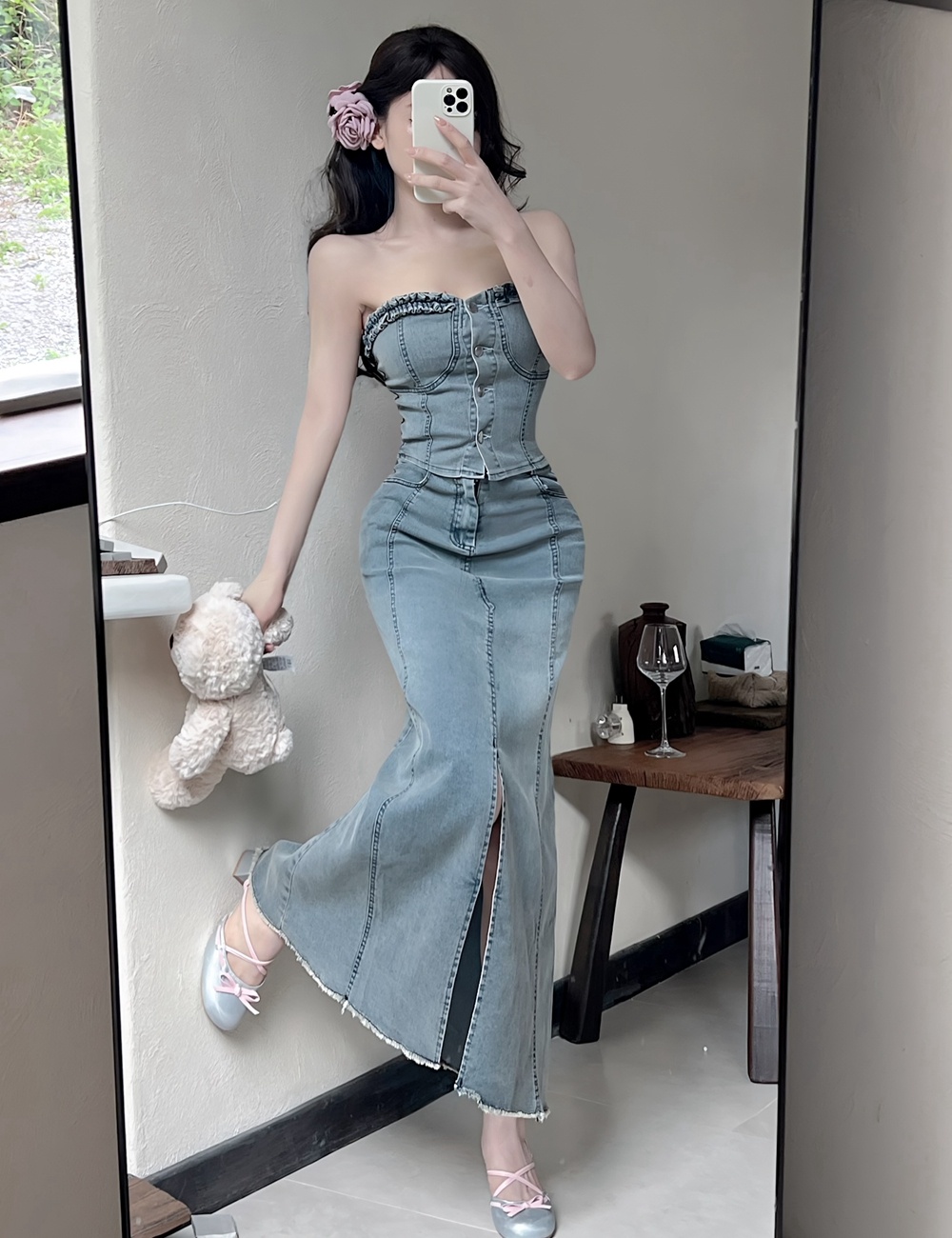Sexy tops wrapped chest long dress 2pcs set for women