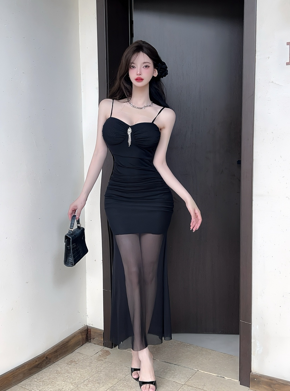 Gauze package hip long dress summer mermaid strap dress
