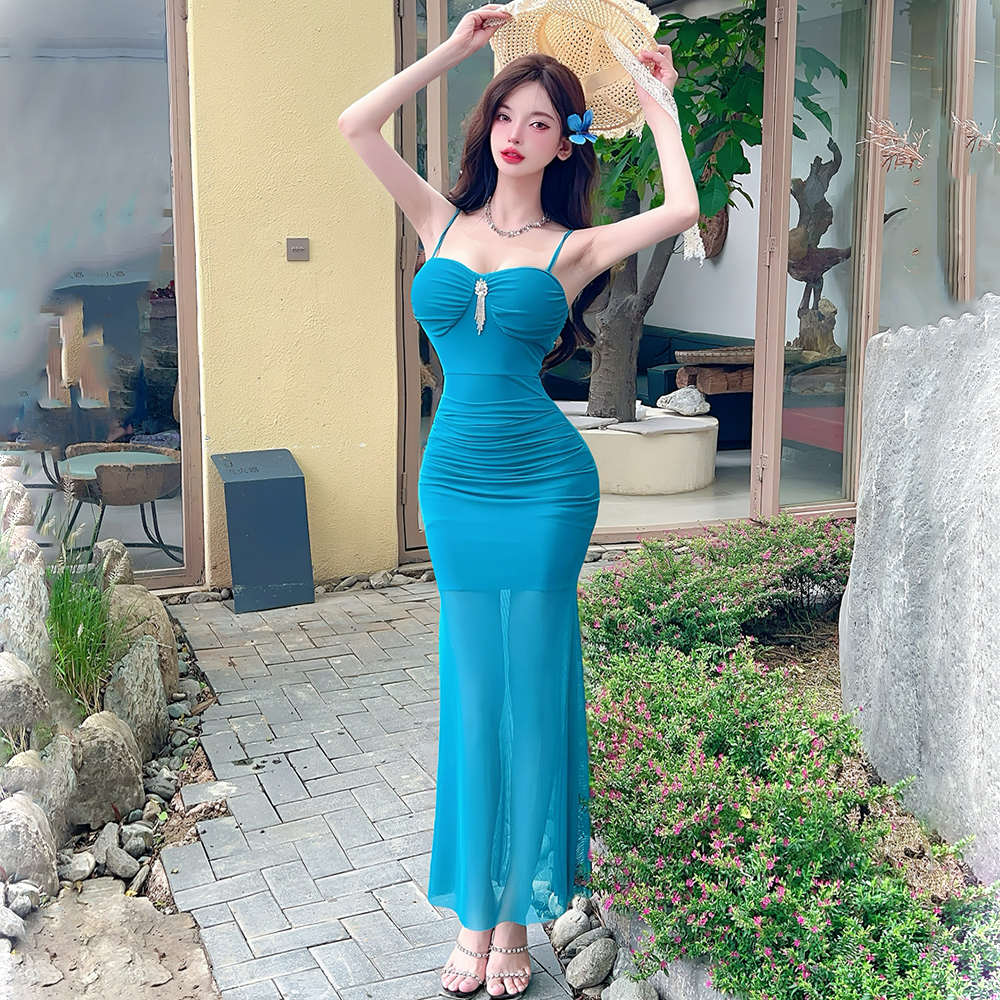 Gauze package hip long dress summer mermaid strap dress