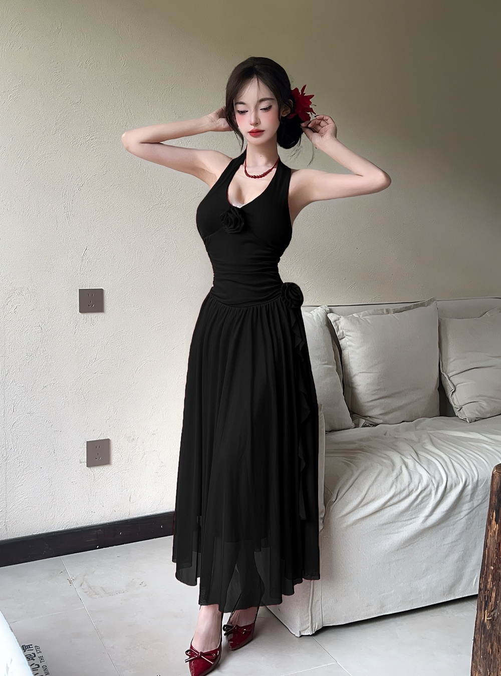 Sexy summer slim long dress halter rose dress