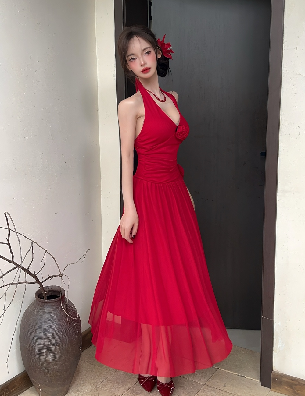 Sexy summer slim long dress halter rose dress