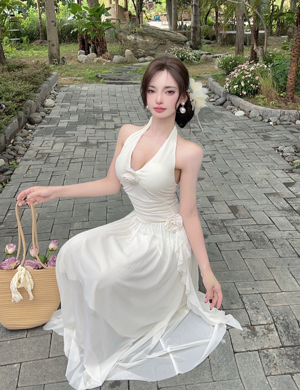 Sexy summer slim long dress halter rose dress