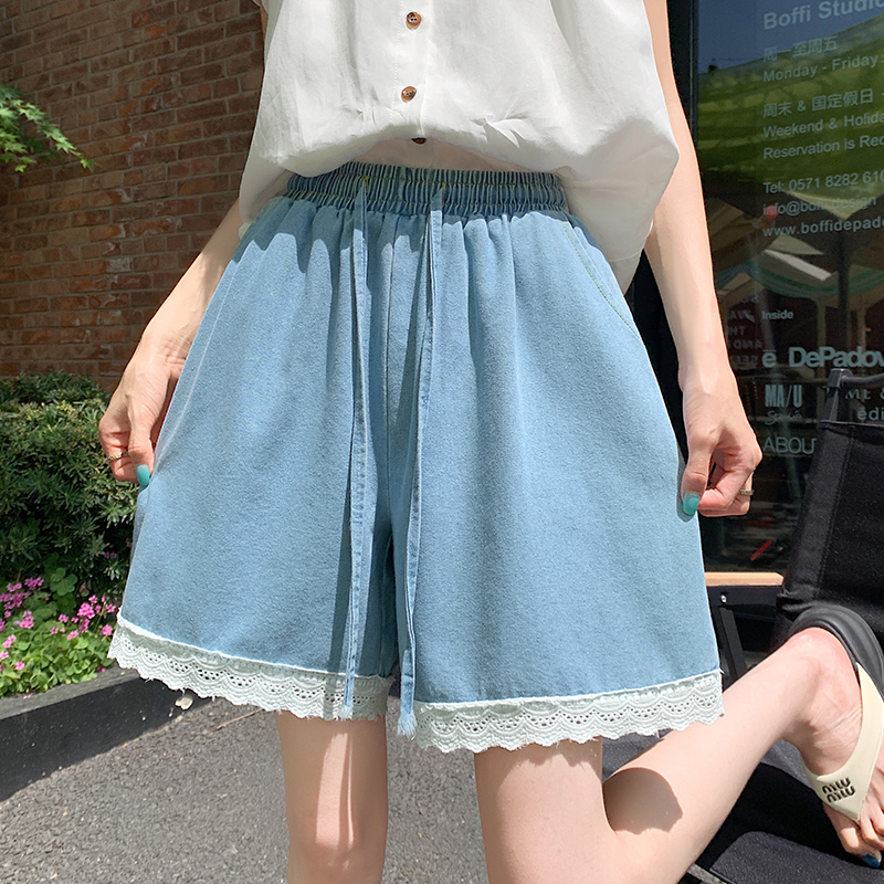 Loose lace jeans wide leg straight shorts for women