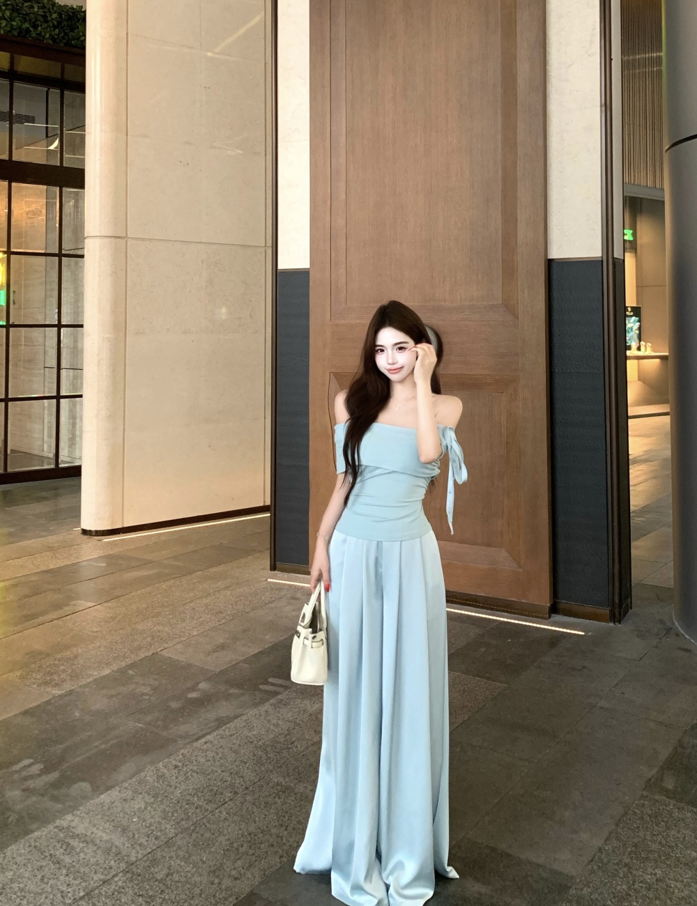 Temperament tops wide leg pants 2pcs set for women
