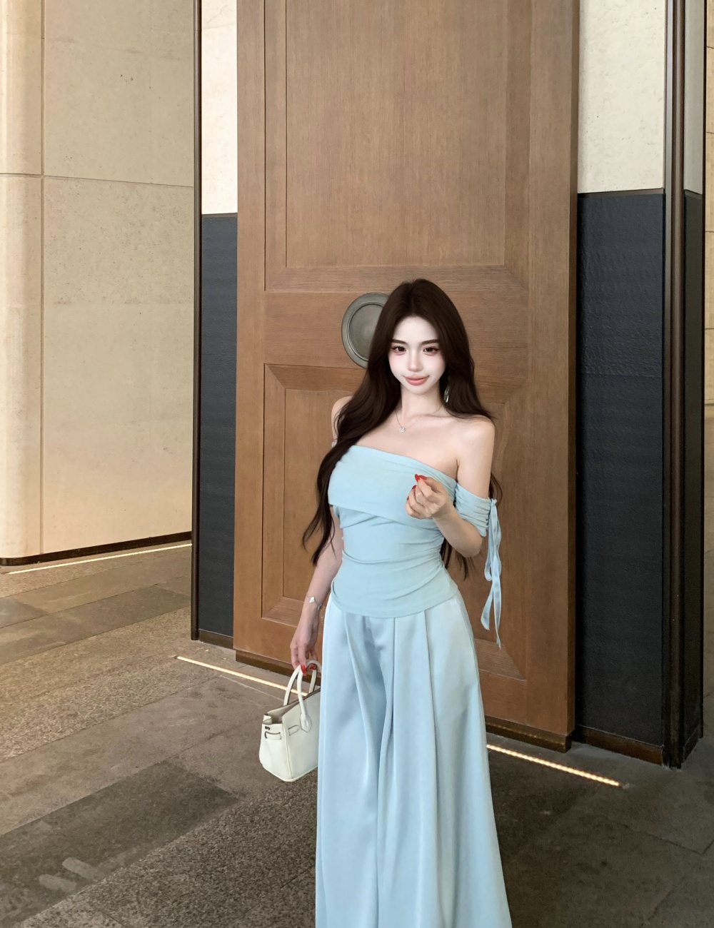 Temperament tops wide leg pants 2pcs set for women