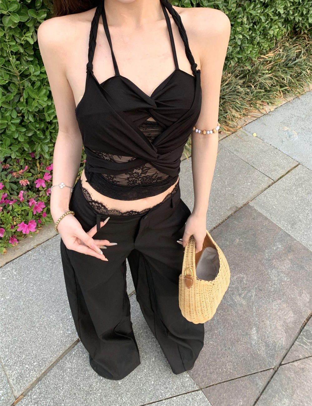 Sling splice suit pants show high halter vest a set