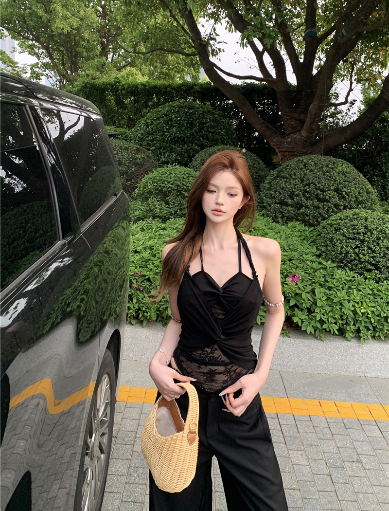 Sling splice suit pants show high halter vest a set
