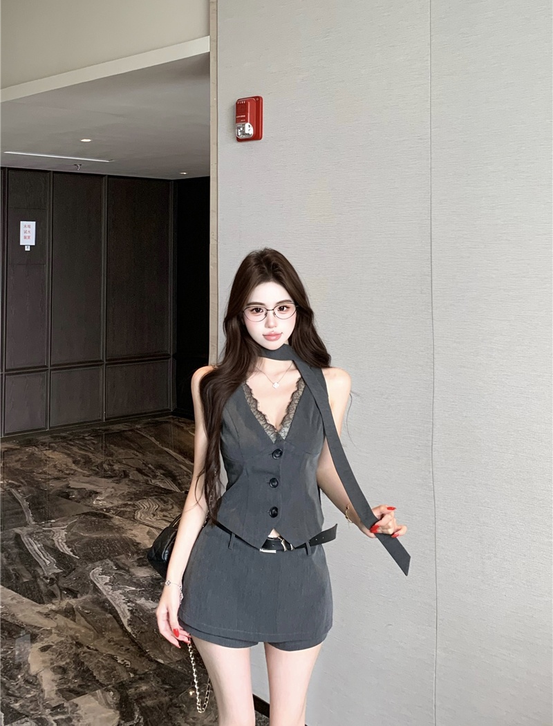 Sexy splice waistcoat V-neck lace skirt 2pcs set for women