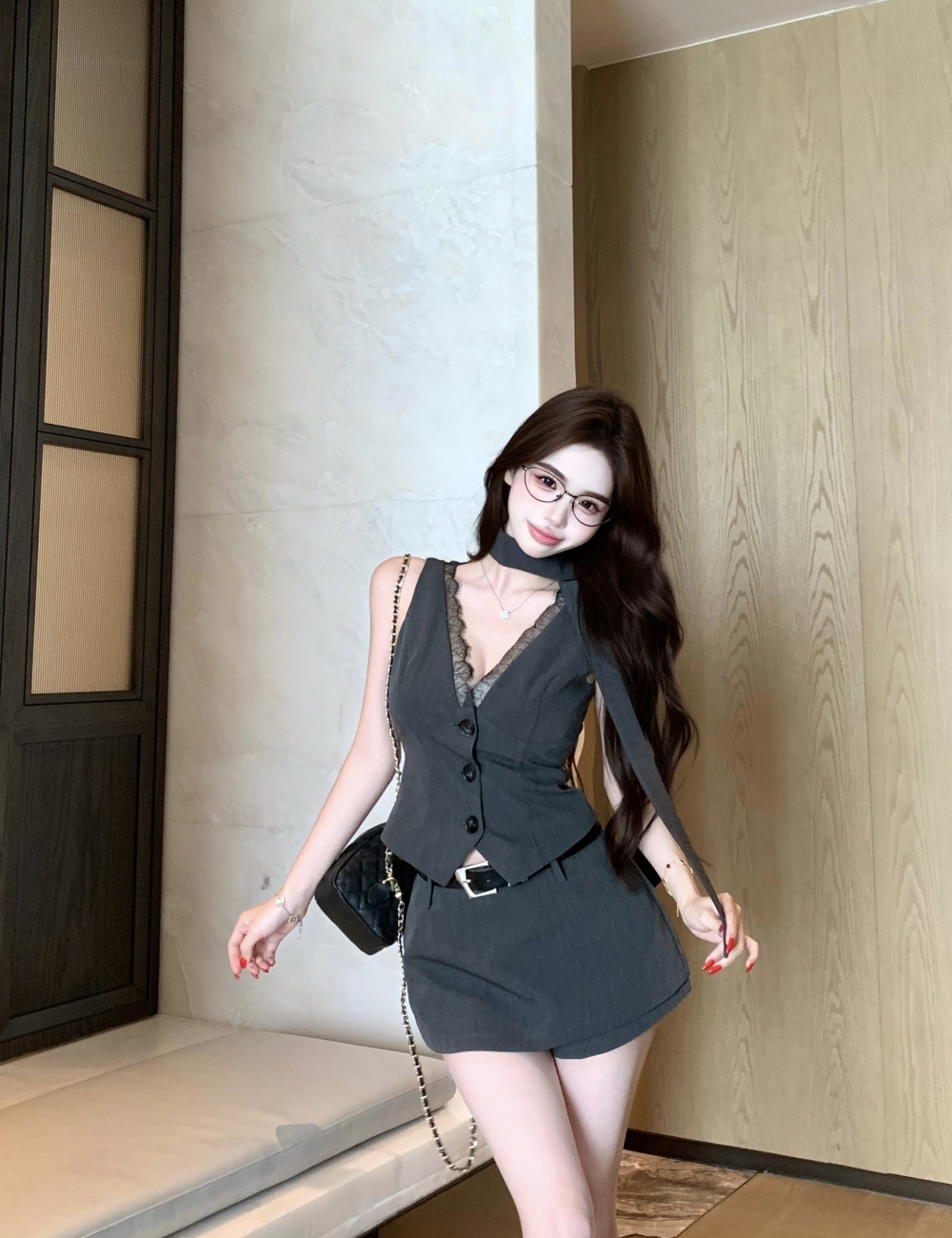 Sexy splice waistcoat V-neck lace skirt 2pcs set for women