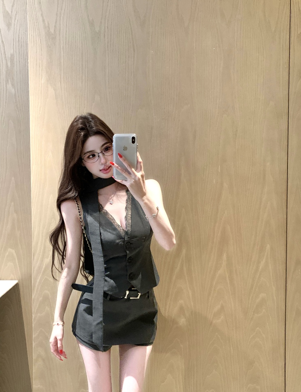 Sexy splice waistcoat V-neck lace skirt 2pcs set for women