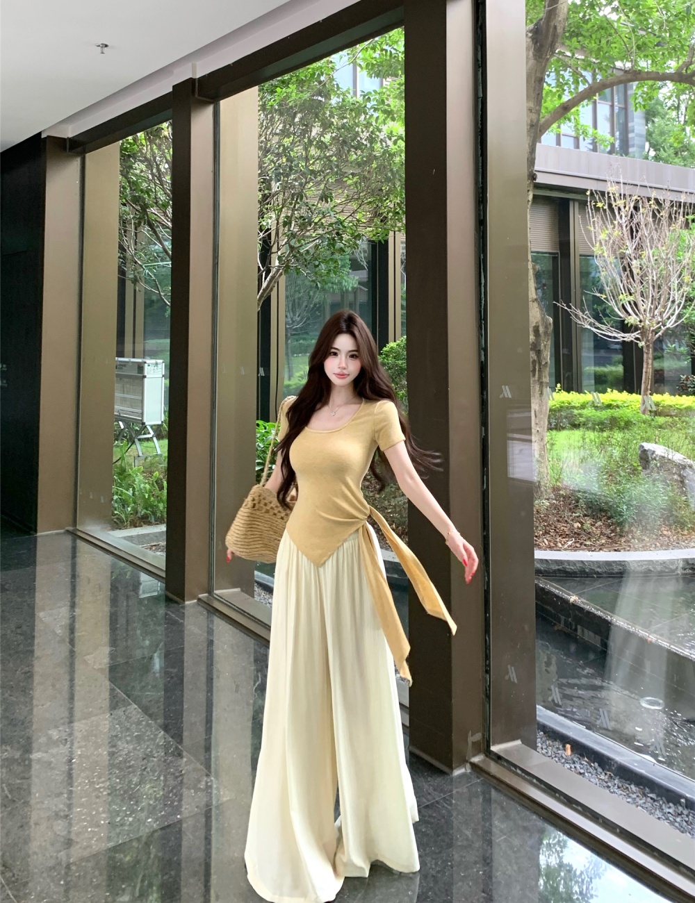Temperament tops wide leg pants 2pcs set for women