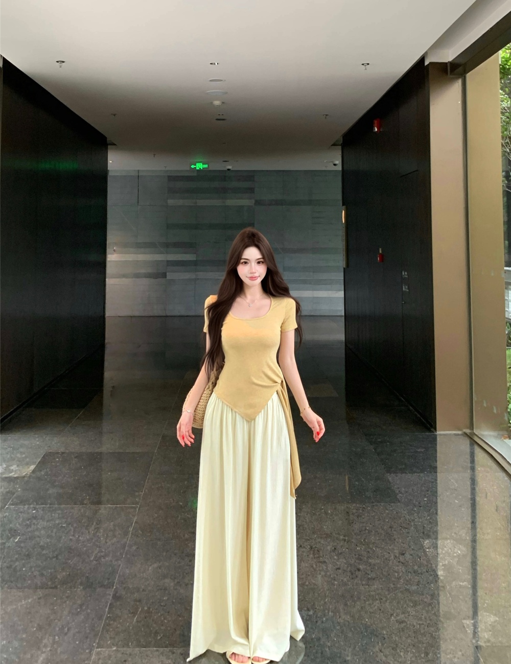 Temperament tops wide leg pants 2pcs set for women
